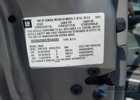 2002 Buick Rendezvous Cx из США, поврежденный, VIN 3G5DA03E62S545032